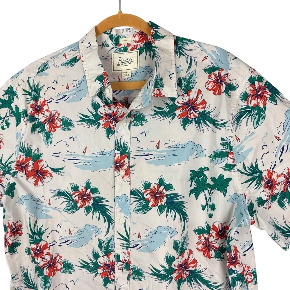 EUC Bixby Nomad Men's Slim fit Floral Print Casual Shirt - White and Red Sz XL